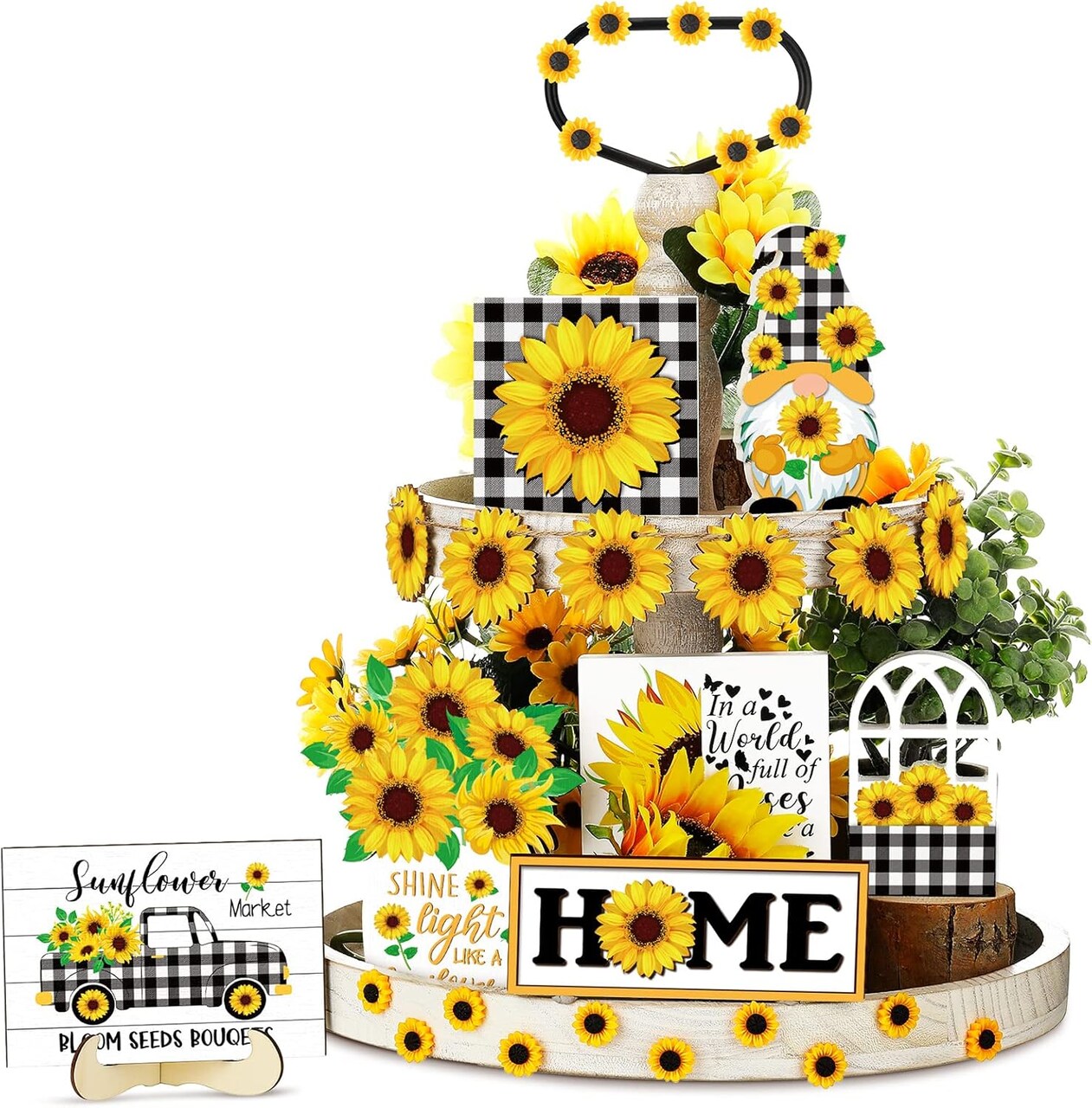 12PCS Sunflower Tiered Tray Decor Set – Farmhouse Rustic Wooden Summer Flower Table Centerpieces for Home, Kitchen & Seasonal Shelf Decorations